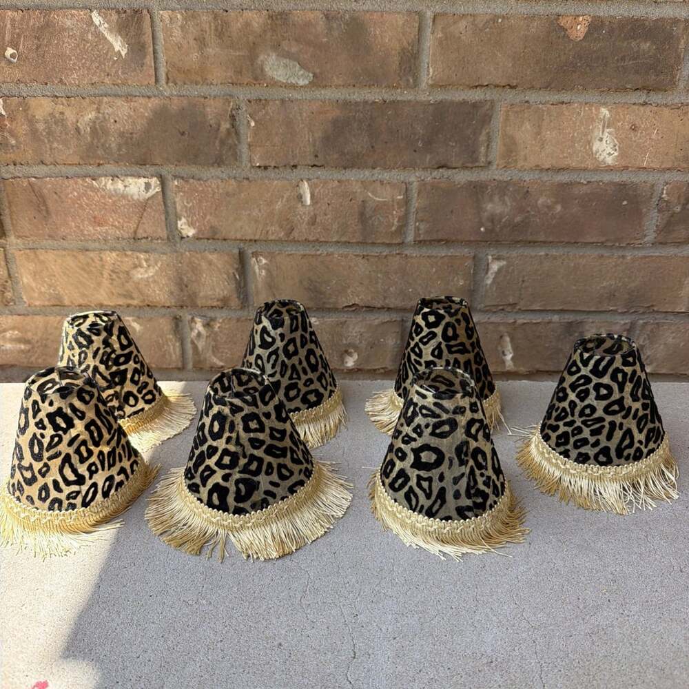 Vintage Leopard Print Gold Fringe Mini Lamp Shades Set of 7 4 Inch Tall